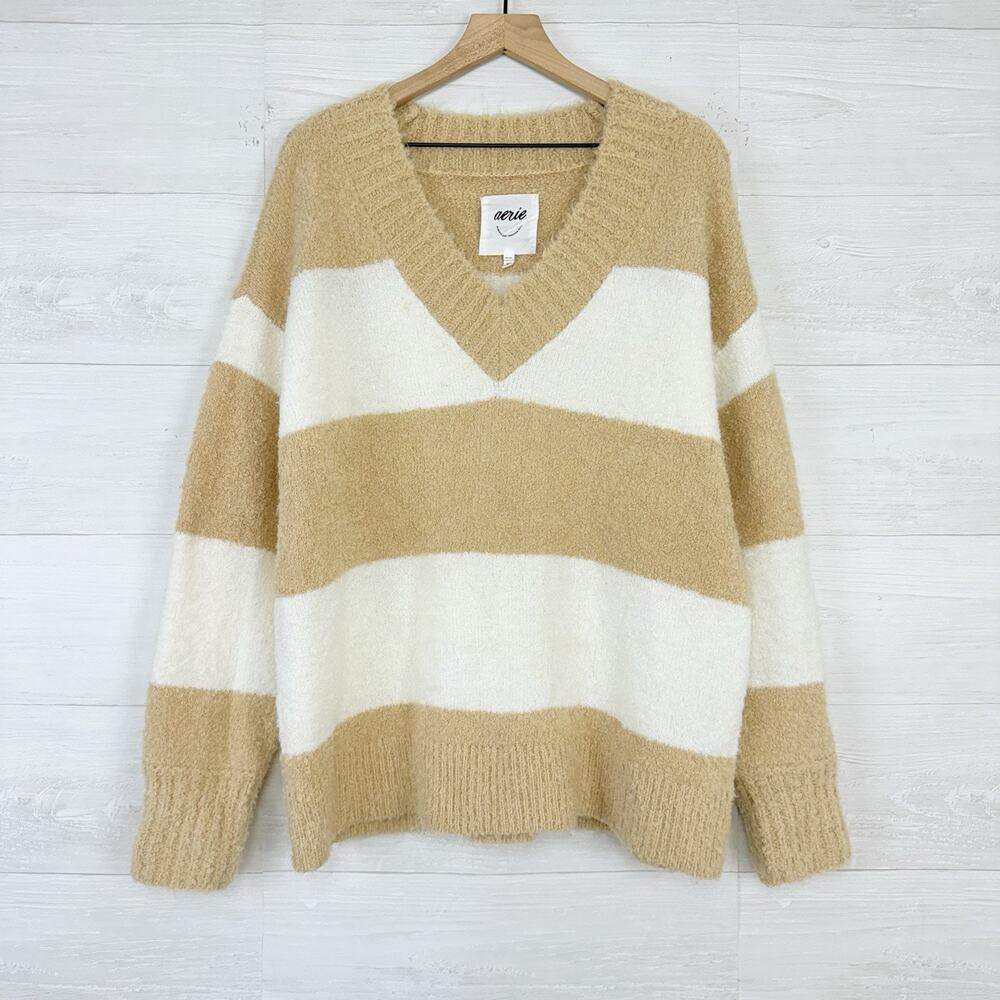 Aerie Teddy Boucle Oversized Sweater Size Medium Striped Tan‎ V Neck Pullover